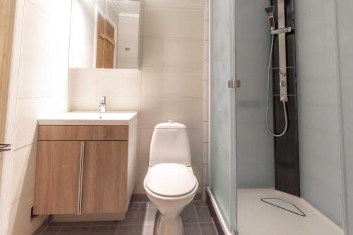 特吕西尔Fagertoppen 12B的浴室配有卫生间、盥洗盆和淋浴。