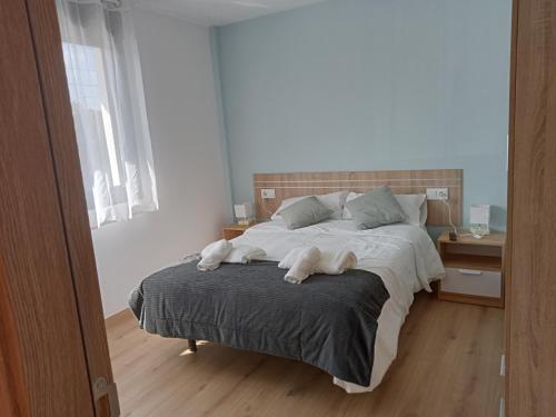 拉瓦克拉Pension Xacobeo Lavacolla的一间卧室配有一张大床和毛巾