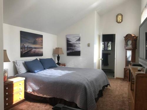苏珊维尔Cheerful 2-Bedroom Cottage Near Eagle Lake的一间卧室配有一张带蓝色枕头的大床