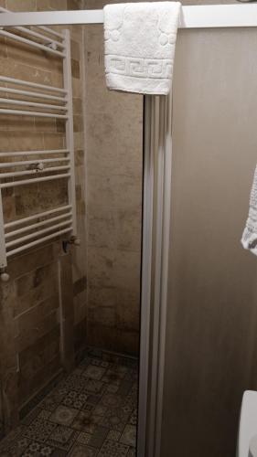 加济安泰普Beliz Hanım Konakları的一间带淋浴的浴室,门口配有毛巾
