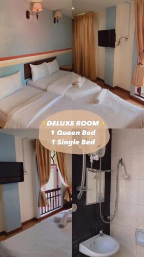 峇都丁宜D'Feringghi Hotel的两张图片的酒店客房 - 带一张床和一间浴室
