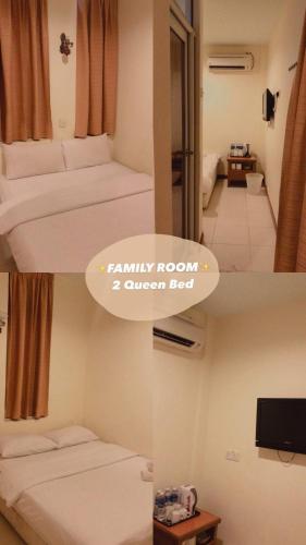峇都丁宜D'Feringghi Hotel的两张照片,房间配有两张床和电视