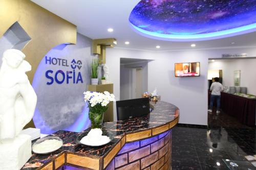 巴特维尔东根Hotel Sofia的酒店客房,带有酒店前的索拉标志和鲜花