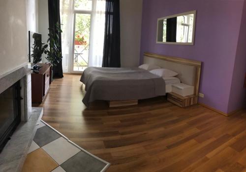 LilasteLilaste.eu的卧室设有紫色墙壁、一张床和一个壁炉