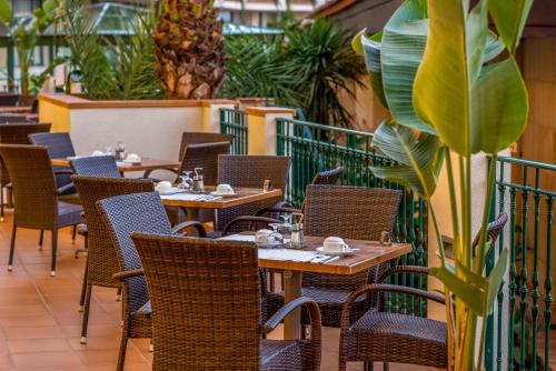 苏昂博苏布瓦提酒店的一间空餐厅,里面摆放着桌椅,还有植物