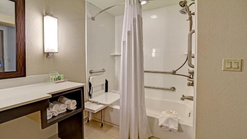 图珀洛图珀洛诺斯假日套房酒店的带淋浴、盥洗盆和卫生间的浴室