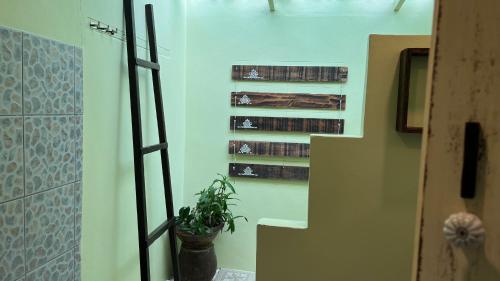 库德岛Baan Bua Cottage SHA EXTRA PLUS B5510的一间设有书和植物楼梯的房间
