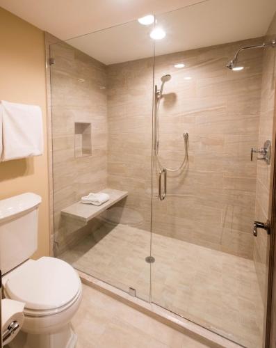 帕克城Hotel King Hotel Room的浴室设有玻璃淋浴间和卫生间