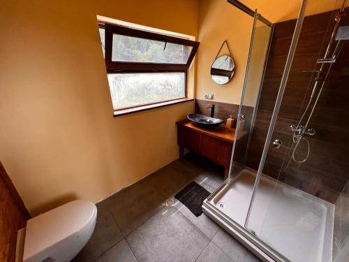 安布罗劳里Wild Escape Racha的带淋浴、卫生间和盥洗盆的浴室
