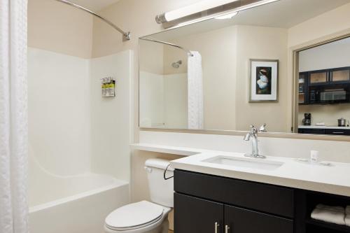 查尔斯顿Candlewood Suites Charleston-Northwoods, an IHG Hotel的一间带水槽、卫生间和镜子的浴室