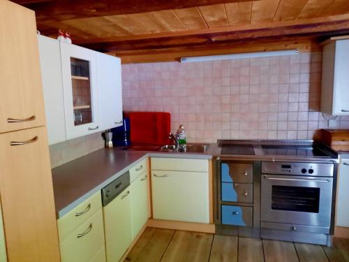 坎波图雷斯Ferienwohnung Oberpursteinhof的厨房配有白色橱柜和不锈钢炉灶。