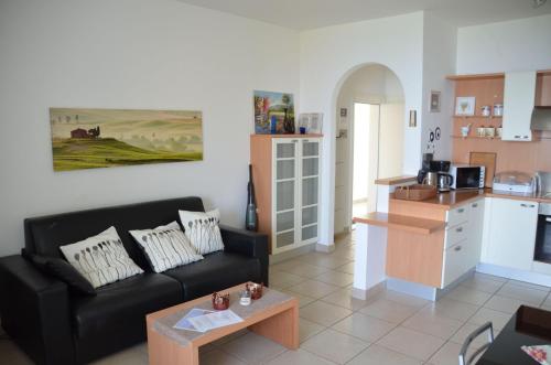 特雷莫西内Ferienwohnung-Casa-Uta-Gardasee-Limone-Tremosine的一间带黑色沙发的客厅和一间厨房