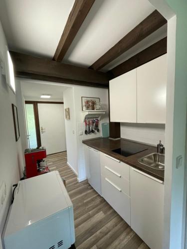 希格斯多夫Ferienwohnung Studio 5的厨房配有白色橱柜和水槽