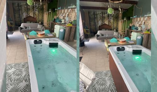 格兰德拉维尔斯Gîtes Spa en Baie de Somme的一张酒店游泳池的两张照片