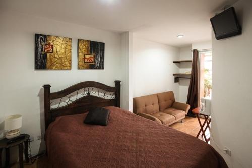 阿拉胡埃拉梅尔罗斯机场住宿加早餐旅馆的一间卧室配有一张床和一张沙发