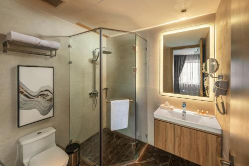 Al NamasAber Bani Amr的带淋浴、卫生间和盥洗盆的浴室