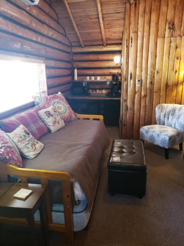 加德纳Yellowstone Hot Springs Resort的小木屋内一间卧室,配有一张床和一把椅子