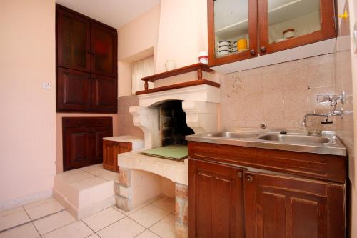 普利兹巴Apartments by the sea Karbuni, Korcula - 9308的一个带水槽和壁炉的厨房