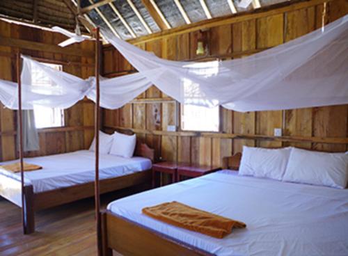 高龙撒冷岛Mangrove Beach Bungalows的木墙客房的两张床