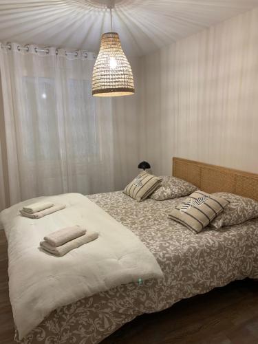 居让梅斯特拉Maison avec sa grande terrasse ensoleillée的一间卧室配有一张带两个枕头的床和吊灯。