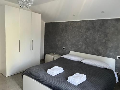 阿尔杰什河畔库尔泰亚pensiunea ALBERO的一间卧室配有一张床,上面有两条毛巾