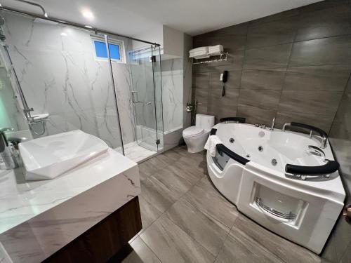 胡志明市Nam Hy 1 Hotel的带浴缸、淋浴和卫生间的浴室