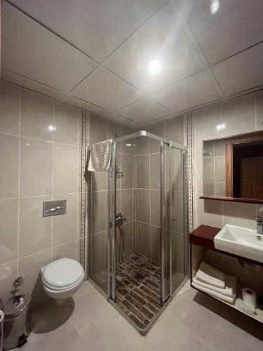 Karadut尤弗拉特内姆鲁特酒店的带淋浴、卫生间和盥洗盆的浴室