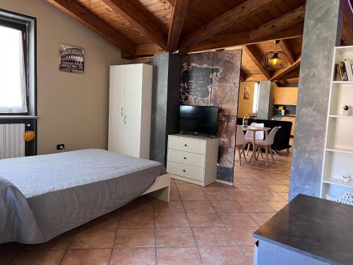 Sommariva del BoscoStea monolocale in villa的一间卧室配有一张床和一台电视,还设有一间厨房