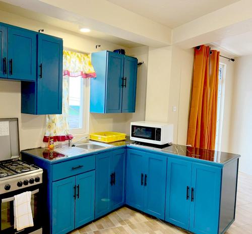 MarigotThe Golden Inn的蓝色的厨房配有蓝色橱柜和微波炉