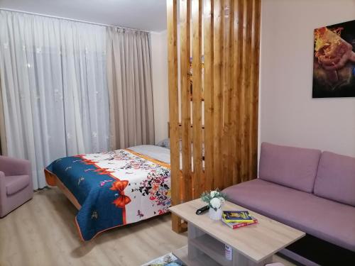 弗洛雷什蒂Apartament NyX的客厅配有一张床和一张紫色沙发