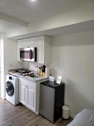 奥兰多Cozy studio apt的厨房配有炉灶和微波炉。