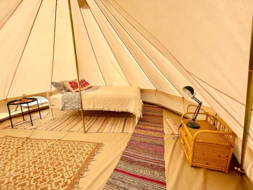 SaschizSaschiz 130/Lodging and Glamping的带帐篷、床和灯的房间