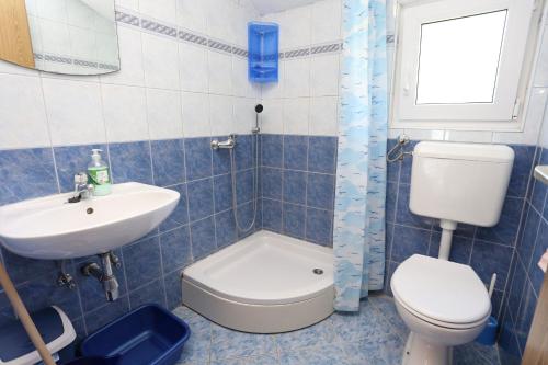 BrijestaApartment Brijesta 10223a的蓝色瓷砖浴室设有卫生间和水槽
