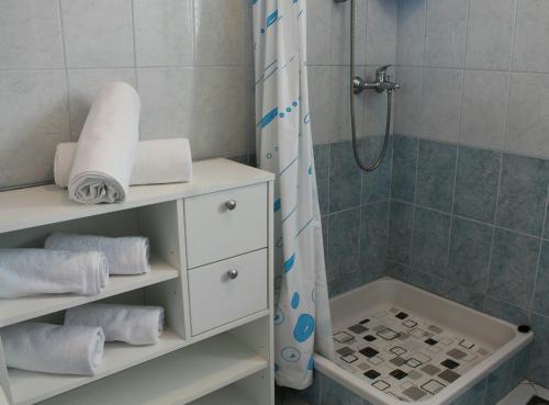 卢卡兰Apartment Lukoran 11672a的带淋浴的浴室以及带毛巾的白色橱柜。