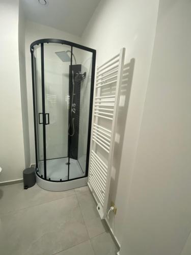 沙勒罗瓦010-Superbe appartement bien décoré netflix gratuit的带淋浴的浴室和玻璃门