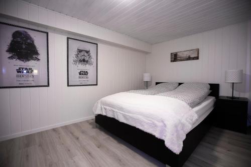 桑内斯Naturnær leilighet med 2 soverom的卧室配有一张床,墙上挂有两张照片