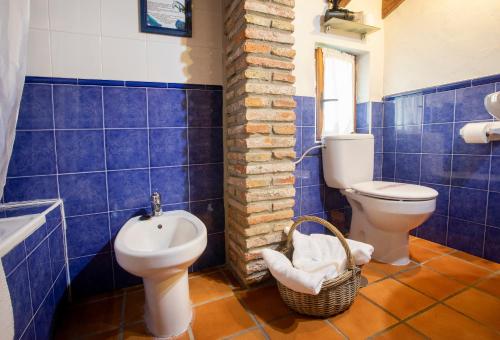 特里斯格兰达斯瓦莱斯卡鲁乡村酒店的蓝色瓷砖浴室设有卫生间和水槽