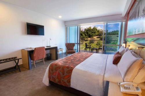 佩雷拉佩雷拉索尼斯塔酒店的酒店客房设有一张大床和一个阳台。