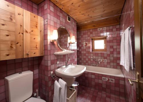 弗利姆斯竞技场旅舍的粉红色的瓷砖浴室设有水槽和卫生间