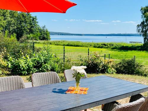 普劳西Ferienhäuser mit Seeblick direkt am Plauer See的一张带红伞和花瓶的野餐桌