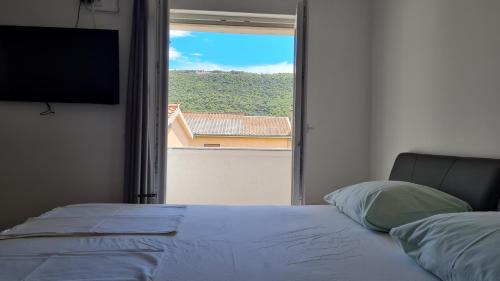 格雷巴蒂卡Apartmani Mlinar - studio apartment的一间卧室设有一张床,享有窗户的景色