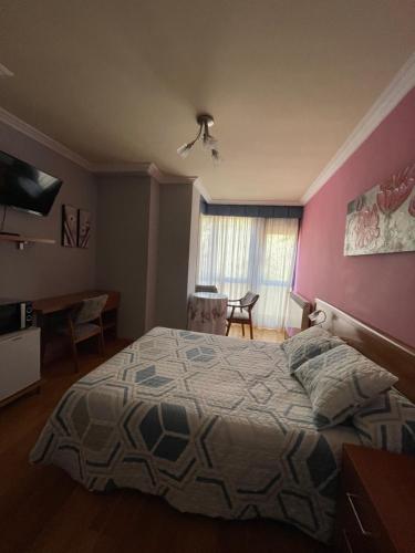 布尔戈斯圣地亚哥2号旅馆的一间卧室配有一张床和粉红色的墙壁