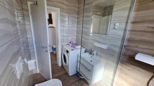 格雷巴蒂卡Apartmani Mlinar - One bedroom apartment with seaview的带淋浴和洗衣机的浴室
