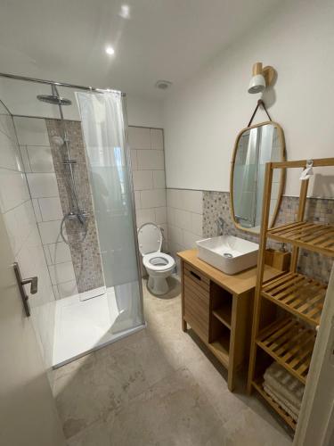 里耶BABILOC Bohème Appartement的带淋浴、卫生间和盥洗盆的浴室