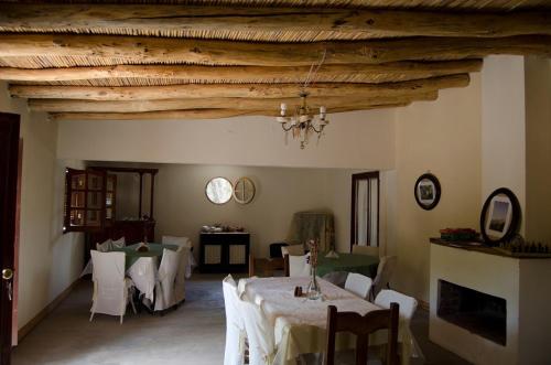 蒂诺加斯塔萨尔瓦多佐罗格里斯山林小屋的用餐室设有桌椅和木制天花板