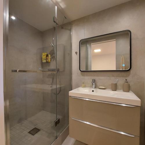 MagagnoscAppartement cosy vue mer的带淋浴、盥洗盆和镜子的浴室