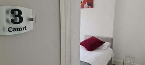 登比Camri Room的卧室配有白色的床和红色枕头
