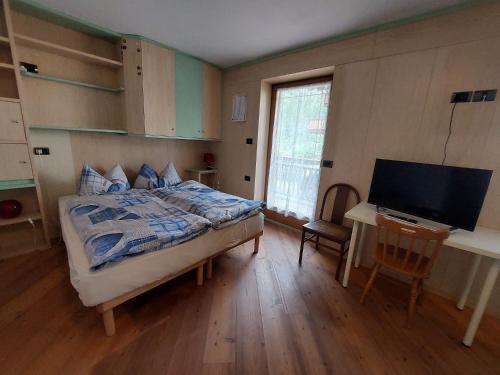 普雷达佐APPARTAMENTO GREGORY的一间卧室配有一张床和一张书桌及电视