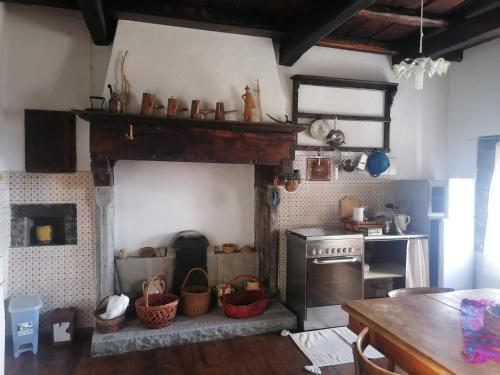SillicoLa casa del pozzo的一间带炉灶和桌子的厨房(位于客房内)