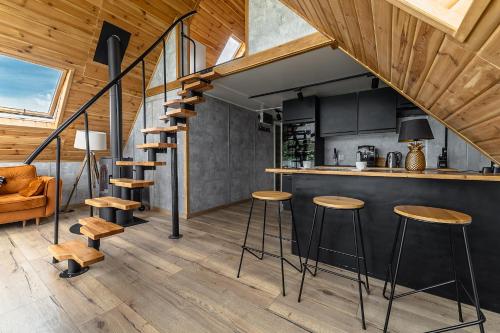 姆拉哥沃Domek na Wodzie FM - Czarna perła的一间厨房和带黑色橱柜及木制天花板的客厅。